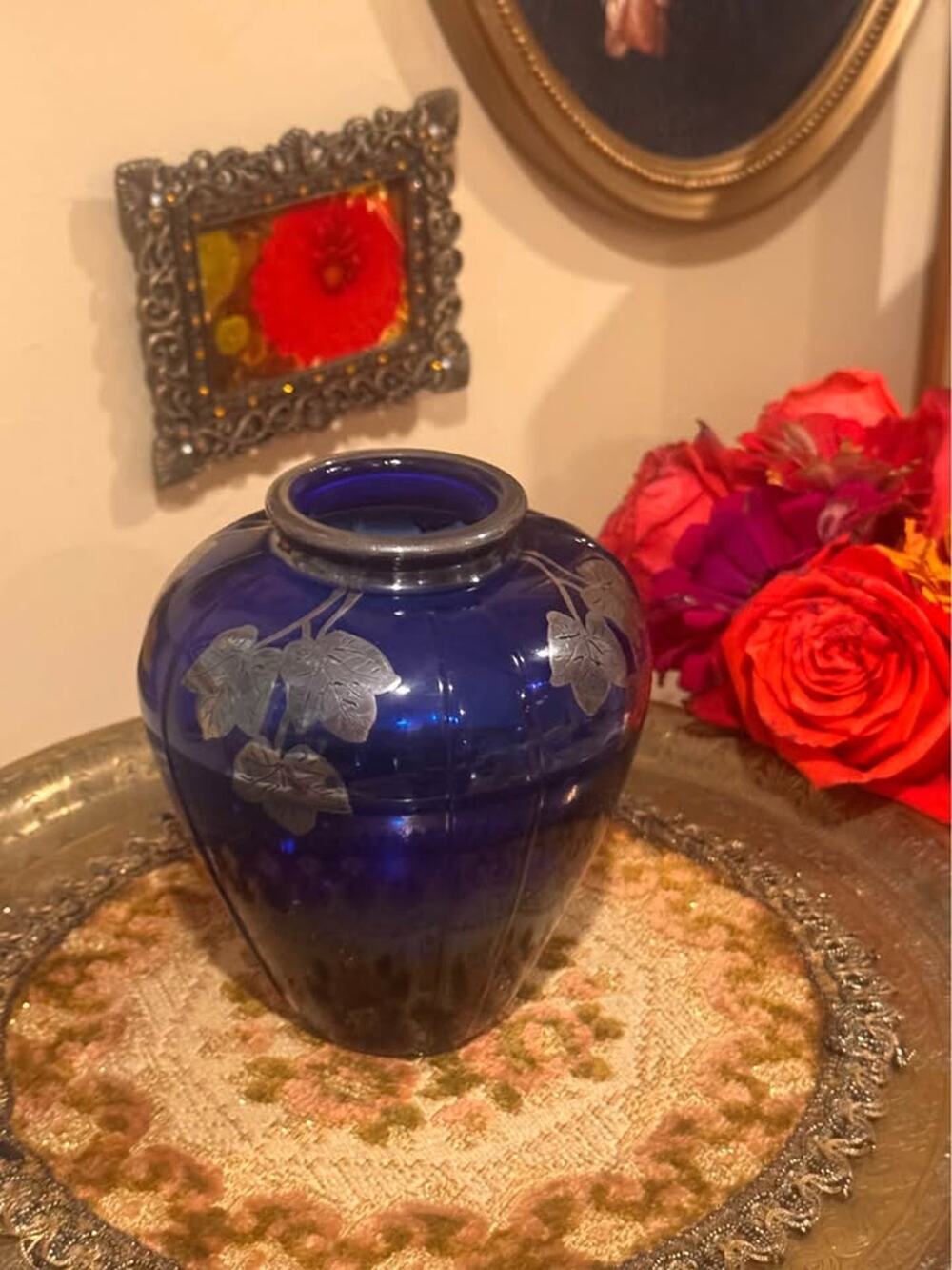 Vintage Mosser Cobalt Blue Glass Vase with Sterling Silver Overlay Ivy Leaves